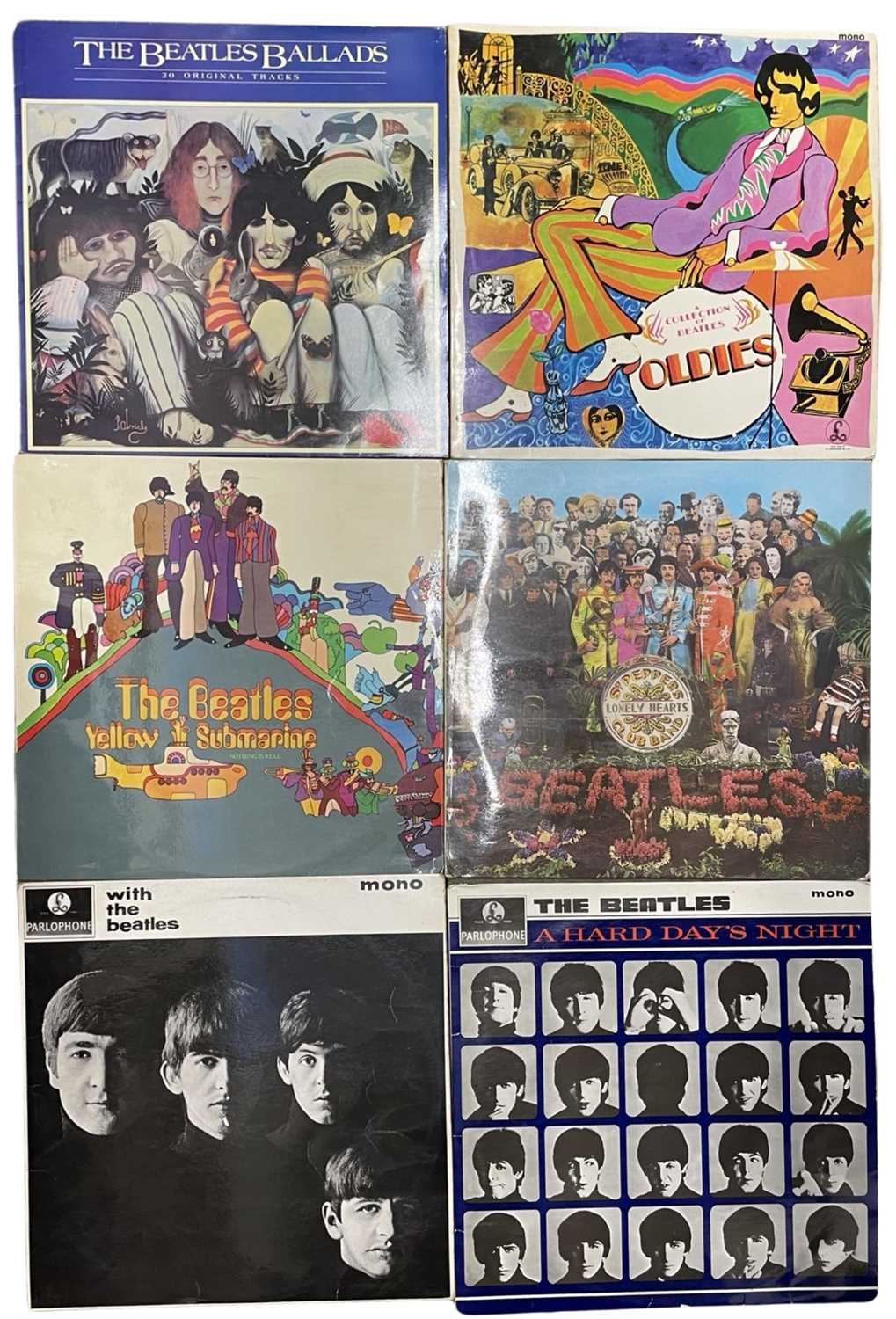 Six Beatles 12" vinyl LPs, to include: - Sgt Pepper's Lonely Hearts Band (1 record) - Yellow