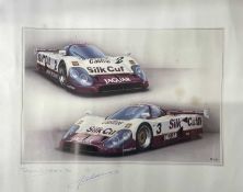 A limited edition signed print of a Jaguar XJR-9, bearing the signatures of artist Rosemary
