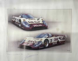 A limited edition signed print of a Jaguar XJR-9, bearing the signatures of artist Rosemary