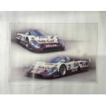 A limited edition signed print of a Jaguar XJR-9, bearing the signatures of artist Rosemary