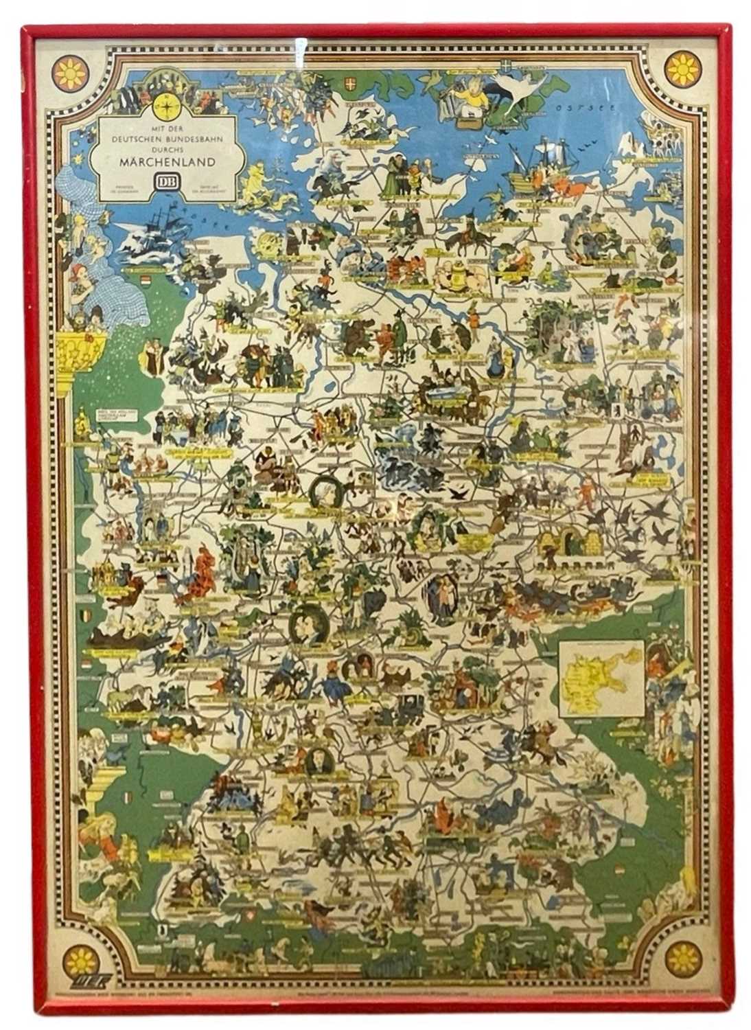 A 1950s German Fairy Tale map - Bundesbahn, with artwork by Leo Faller Framed size approximately: