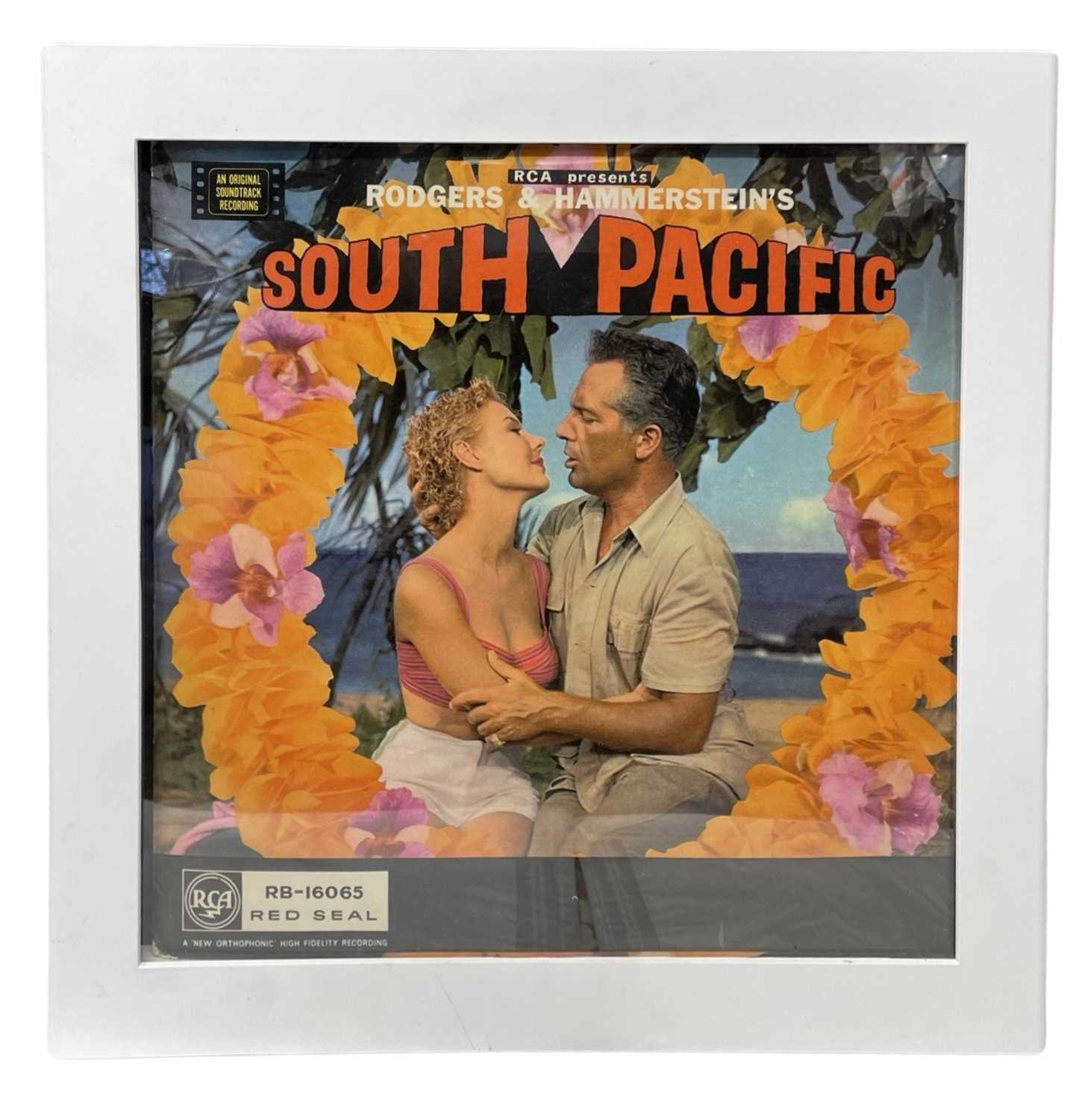 A framed 12" vinyl sleeve for Rogers and Hammerstein's South Pacific. Framed size approximarely: