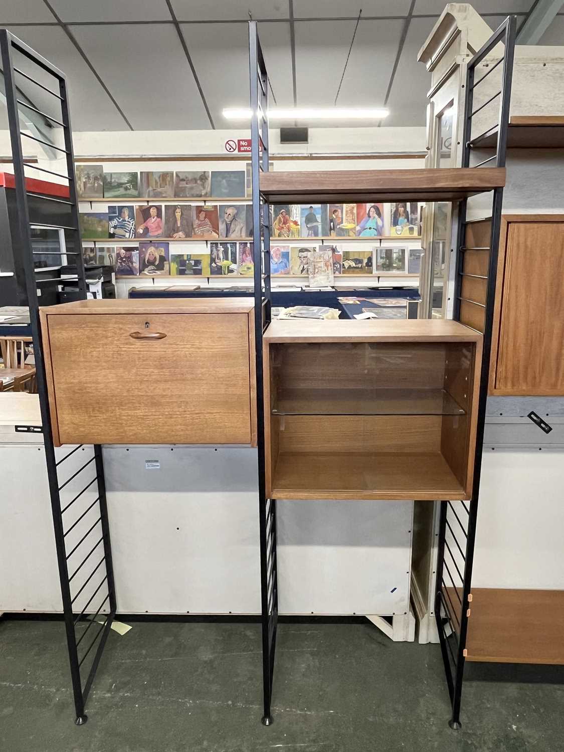 A Ladderax teak and iron framed room divider or shelf unit incorporating bureau section, a glazed - Image 4 of 4