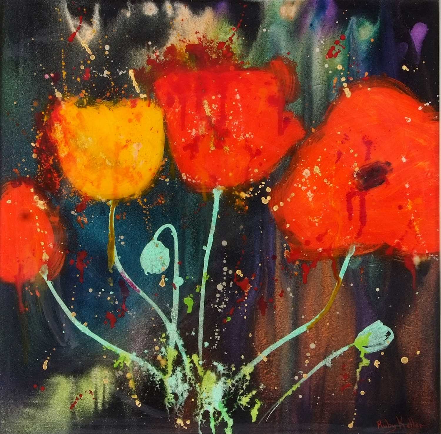 Ruby Keller (British, b.1960), Still Life Flowers, acrylic on panel, signed, 59x60cm, framed and - Bild 2 aus 2