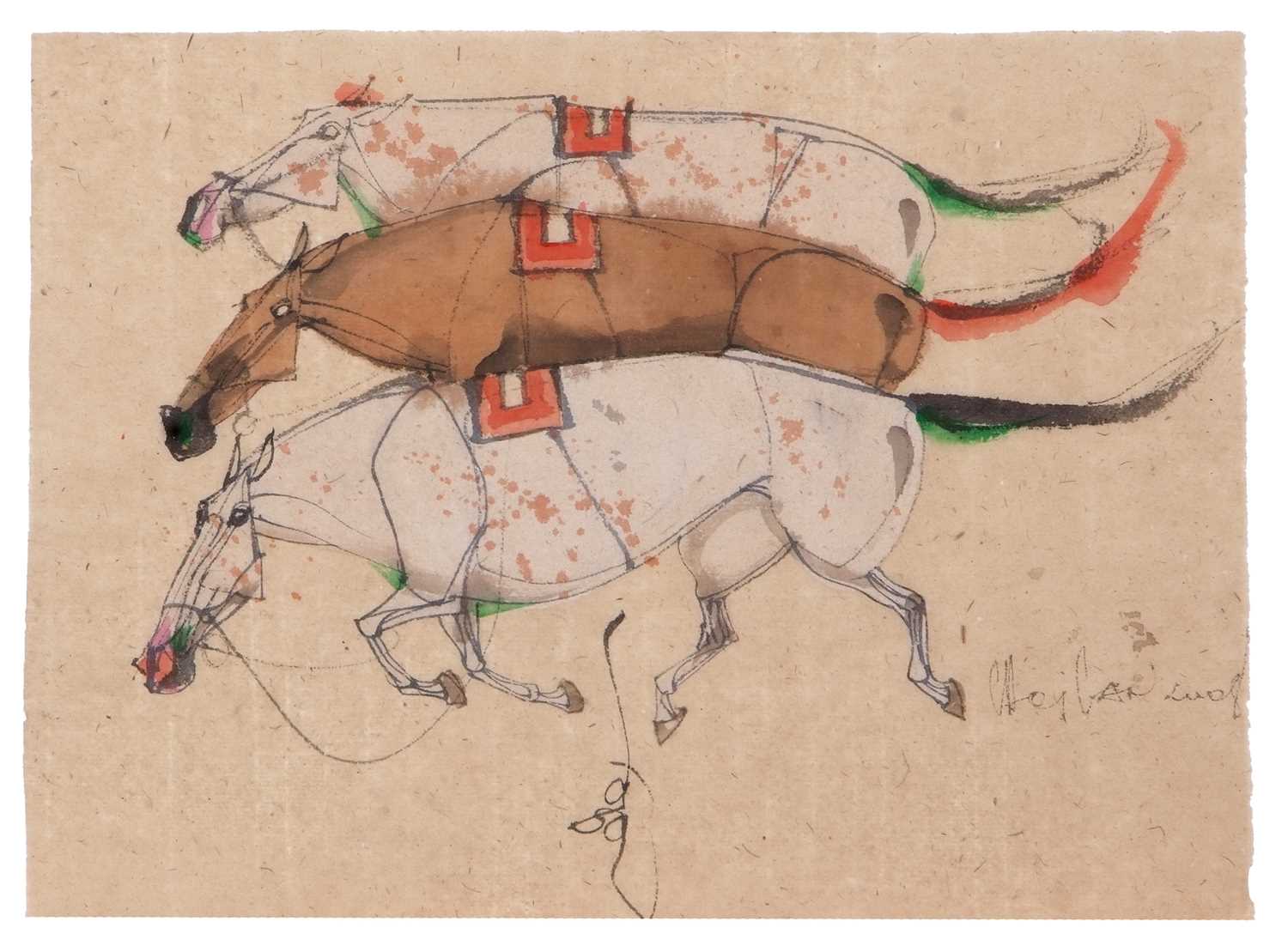 Attributed to Chei Zan Gaos, trio of abstract horses in motion, watercolour on rice paper, - Bild 2 aus 2