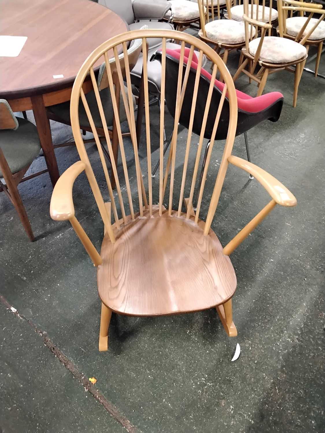 A pair of Ercol light wood rocking chairs with stick backs and loose cushions - Image 5 of 5