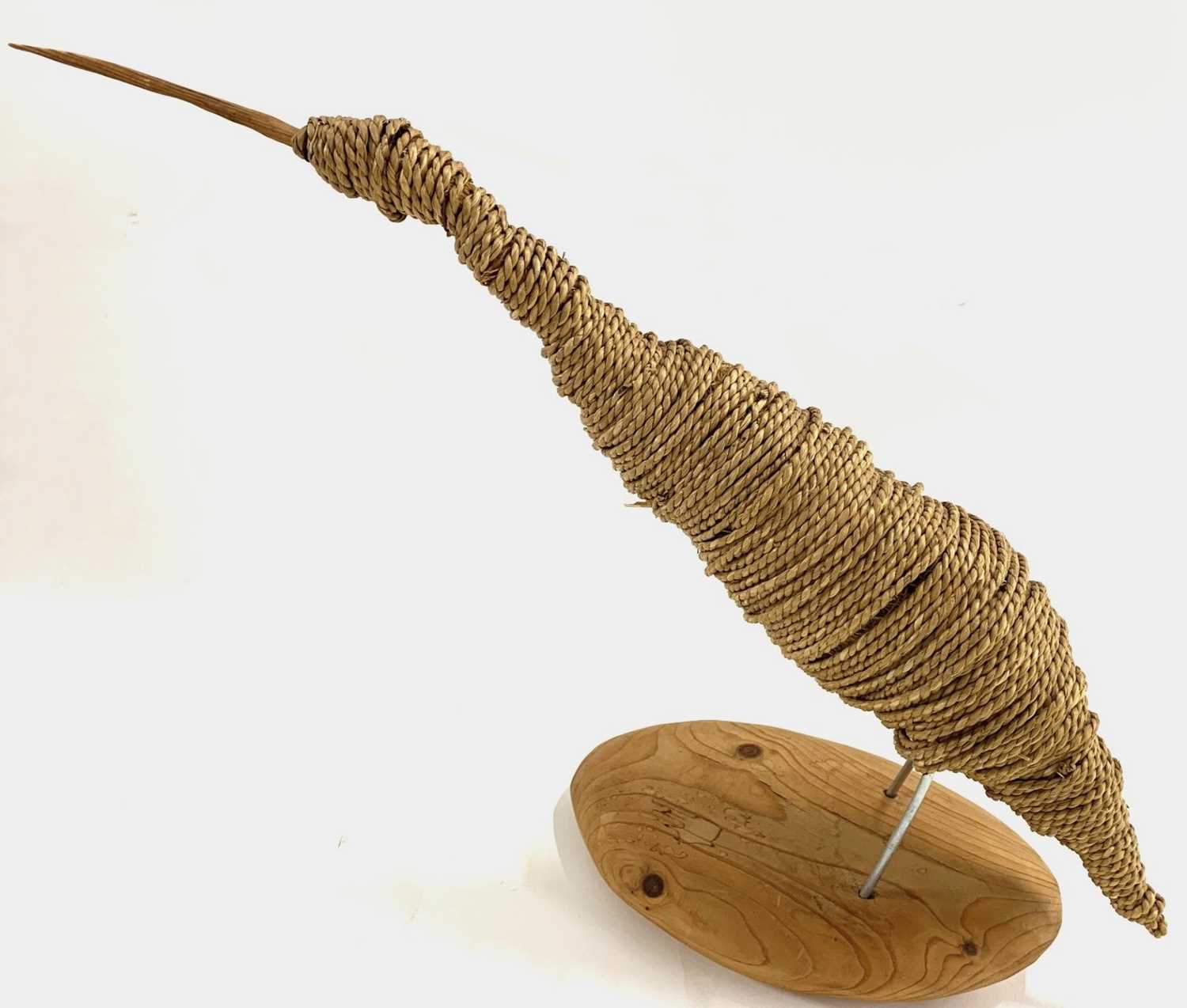 British contemporary, Natural cord twine wader bird sculpture on wooden base, 60 cm length x 45cm (