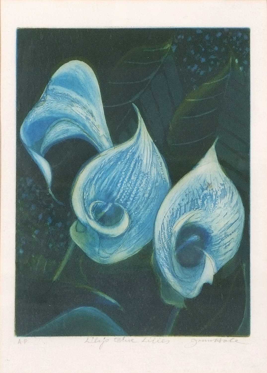 Annie Hole (Continental school, late 20th century), 'Lily's Blue Lillies', etching with aquatint,