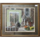 French School (20th century) Interior still life, gouache and collage, unsigned, 38x49cm, framed and