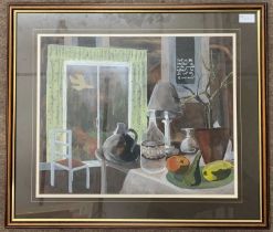 French School (20th century) Interior still life, gouache and collage, unsigned, 38x49cm, framed and