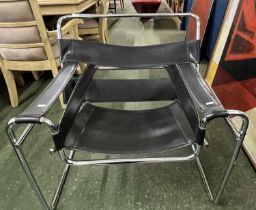 After Marcel Breuer - a black leather and chrome framed Wassily armchair, 80cm wide