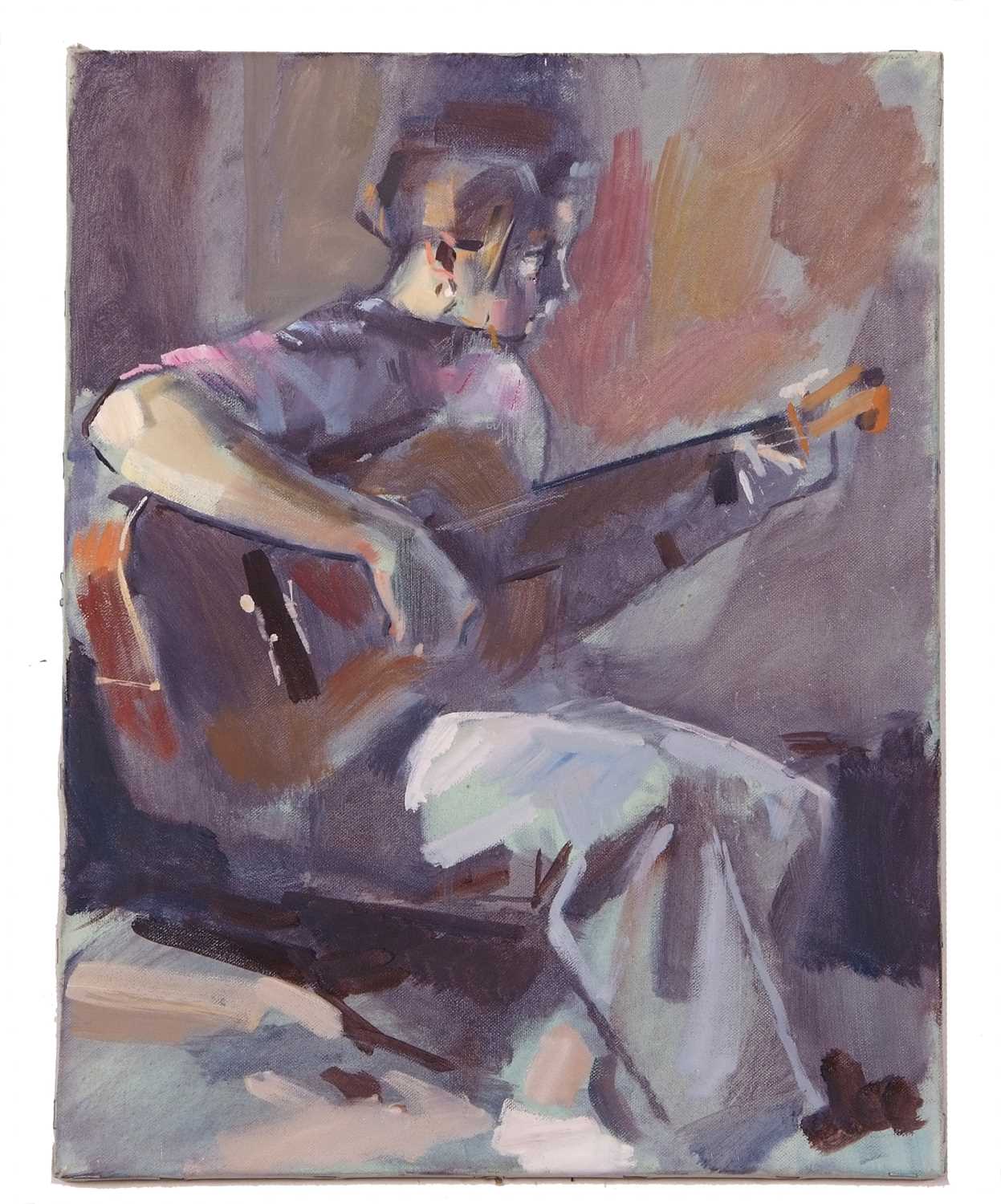 Attributed to Roy Freers ROI (1938-2021), The Guitar Player, oil on canvas, unsigned, 35.5x46cm,