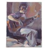 Attributed to Roy Freers ROI (1938-2021), The Guitar Player, oil on canvas, unsigned, 35.5x46cm,