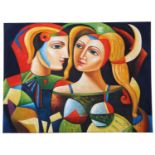 Modern cubist, Jesters, oil on canvas, initialed SHA, unframed, 92x122.