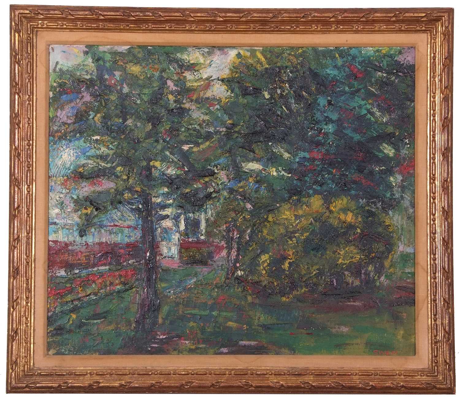 SWEM (20th century), Wooded landscape, label on verso inscribed 'Canadian oil landscape', impasto