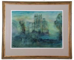 Leslie Marr (1922-2021) Priory with figure in the foreground, watercolour and wash, signed and dated