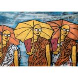 20th century modern, Golden Monks, mixed media on canvas, indistinctly signed, unframed.