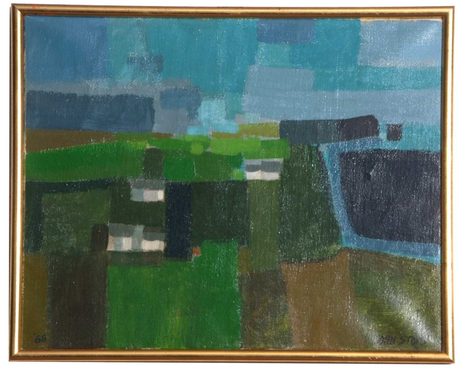 John Stops (British,1925-2002) Abstract oil on canvas, signed and dated '68, 40x50cm, framed