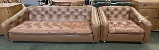A mid Century brown leather three seater sofa and accompanying armchair, both 195cm wide (2)