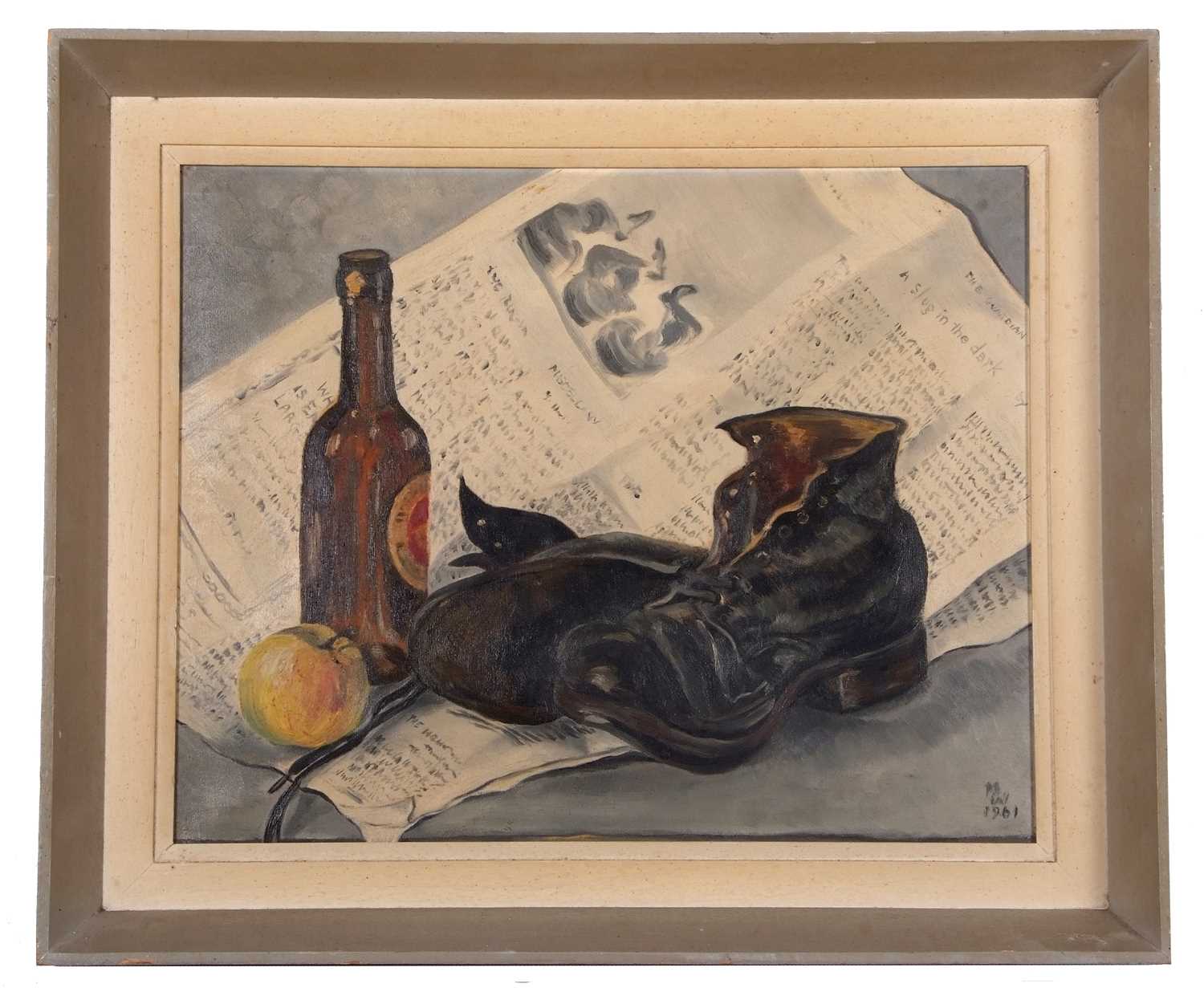 In the manner of Marion Lewin (1922-1979), Still life: leather boots, newspaper, beer bottle and - Image 2 of 3