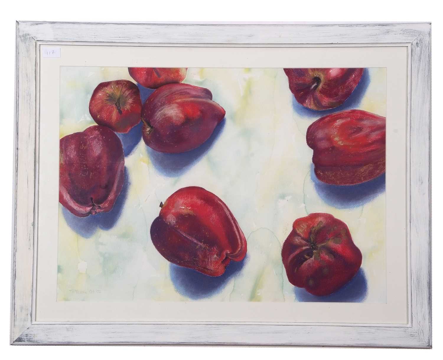 Tracy Myers (British, contemporary), 'Red Apples', pastel and watercolour, signed and dated Oct '02,