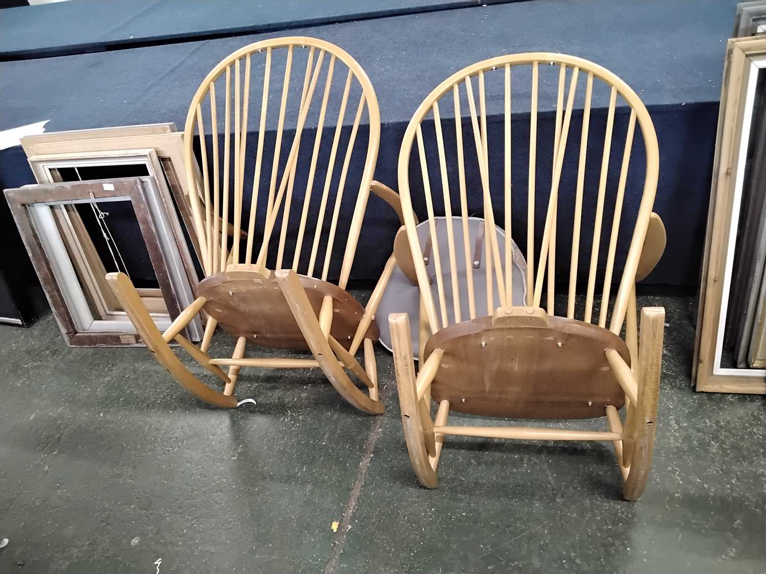 A pair of Ercol light wood rocking chairs with stick backs and loose cushions - Image 4 of 5