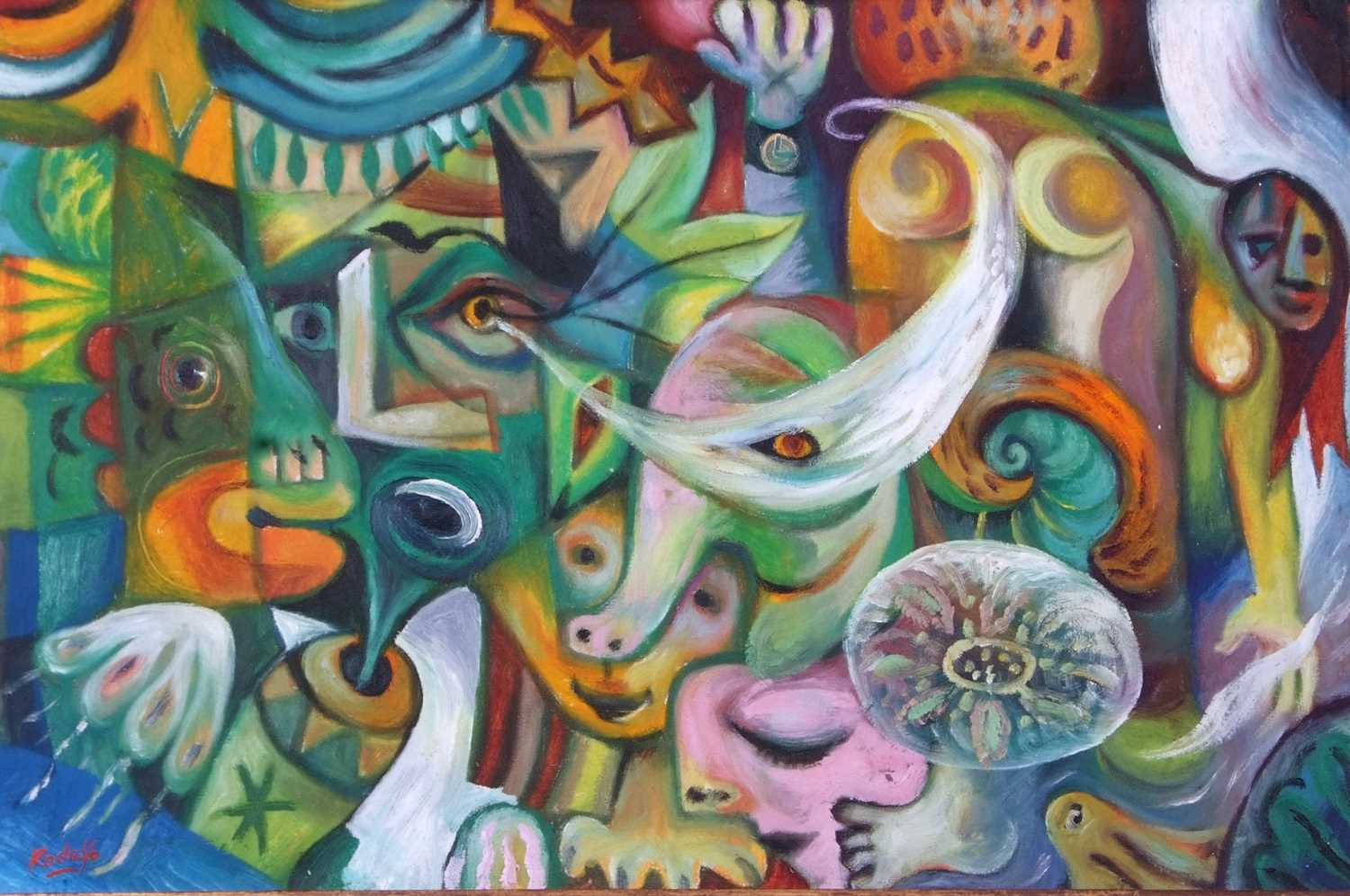 Peter Rodulfo (British, contemporary), Surrealist abstract, oil on board, signed lower left, - Bild 2 aus 2