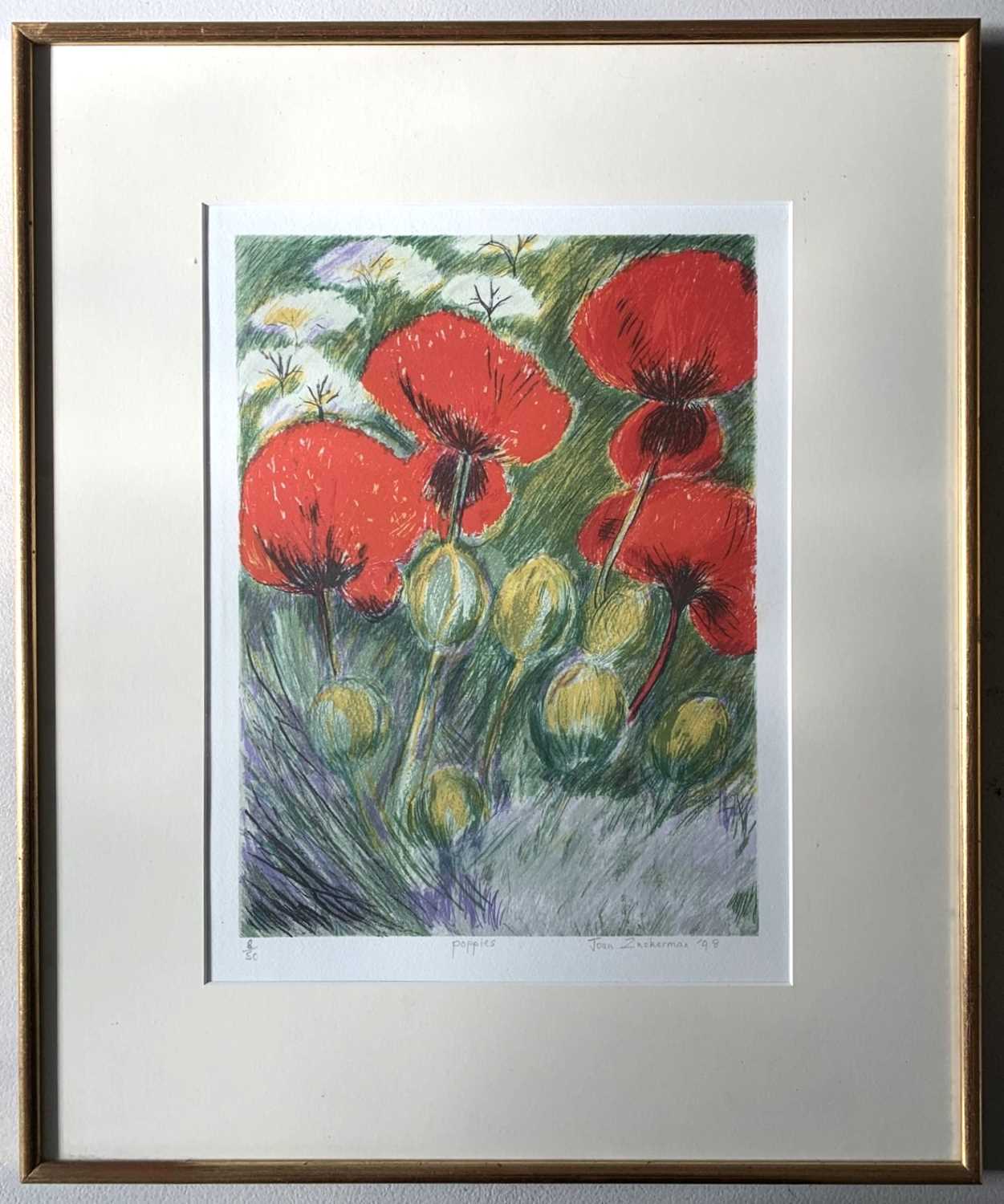 Joan Zuckerman (British, 20th century), 'Poppies', lithograph in colours, numbered 8/50, signed