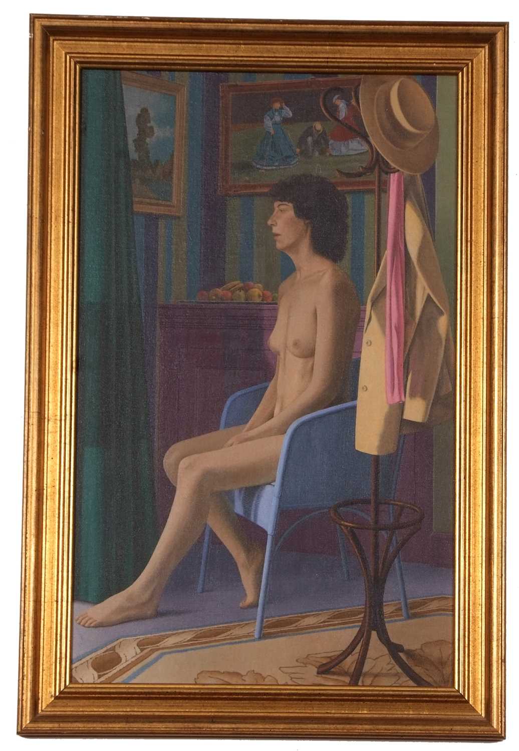 Steven Whitehead (British, 20th century), An interior scene with a seated nude female, oil on board,