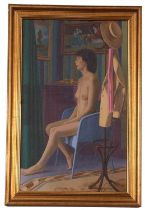 Steven Whitehead (British, 20th century), An interior scene with a seated nude female, oil on board,