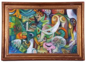 Peter Rodulfo (British, contemporary), Surrealist abstract, oil on board, signed lower left,
