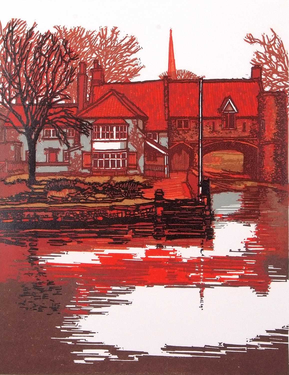 H.J. Jackson (British, b.1938), "Pulls Ferry", limited edition linocut, signed and numbered 36/50 in - Image 2 of 2