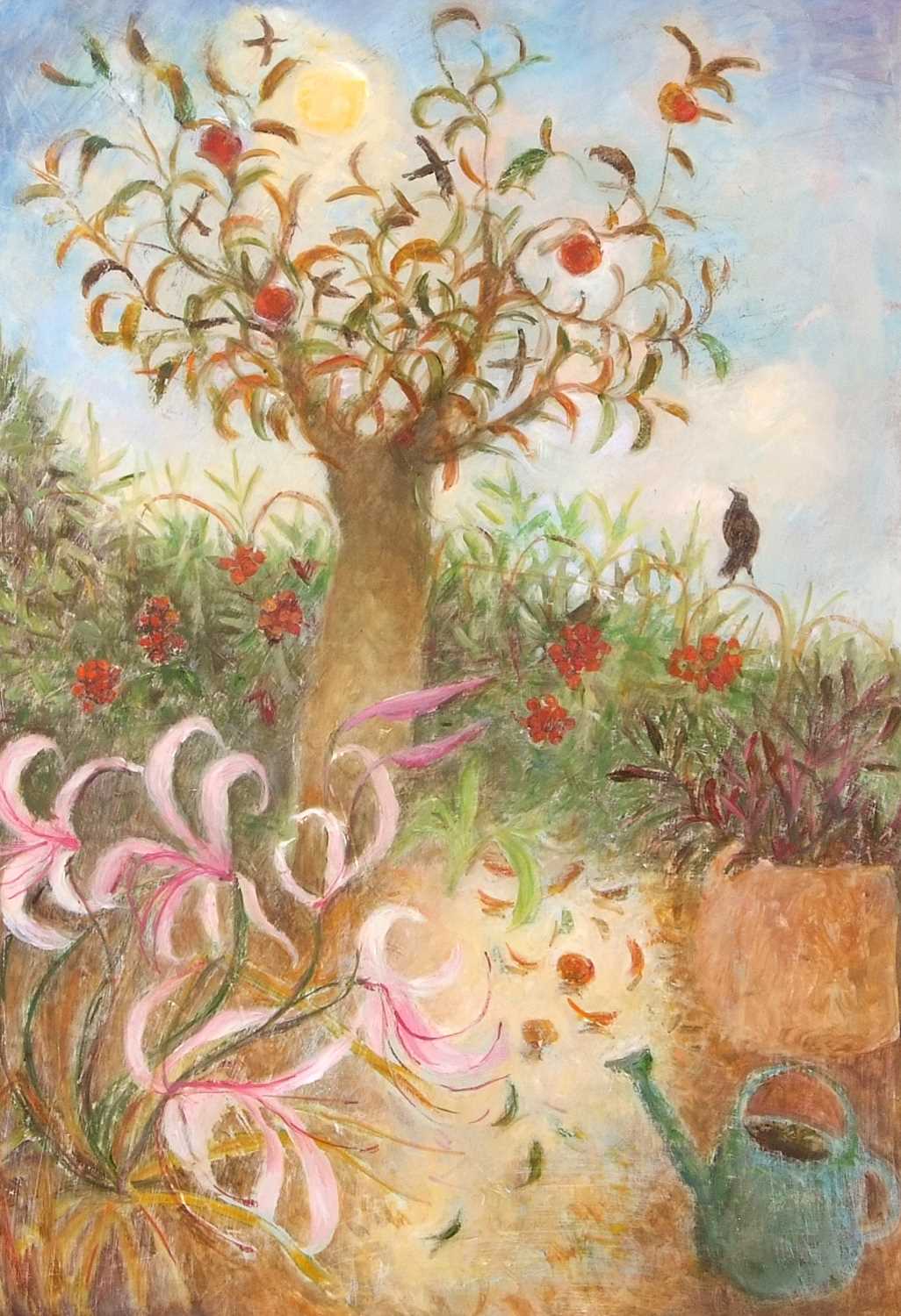 Tessa Newcomb (b.1955), Sunlit floral garden with an apple tree and birds, oil on board, signed - Image 2 of 2