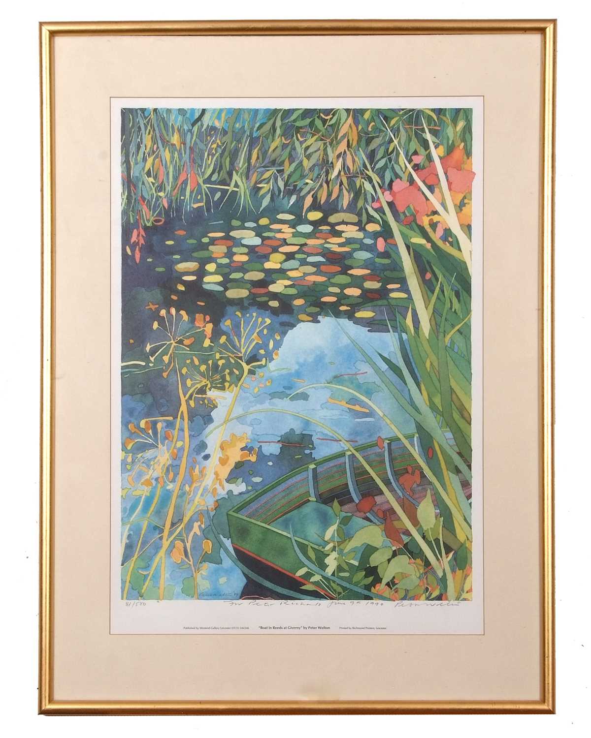 Peter Welton "Boat in Reeds at Gilverny", limited edition lithograph, numbered 81/500 and signed