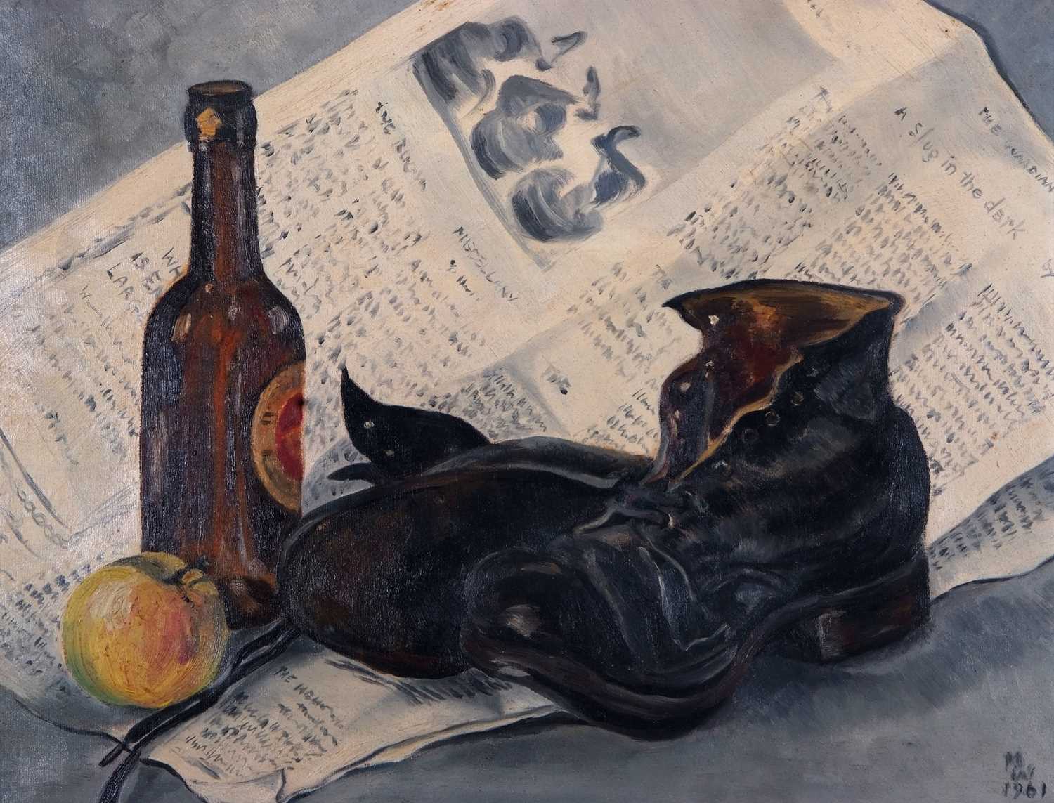 In the manner of Marion Lewin (1922-1979), Still life: leather boots, newspaper, beer bottle and - Image 3 of 3
