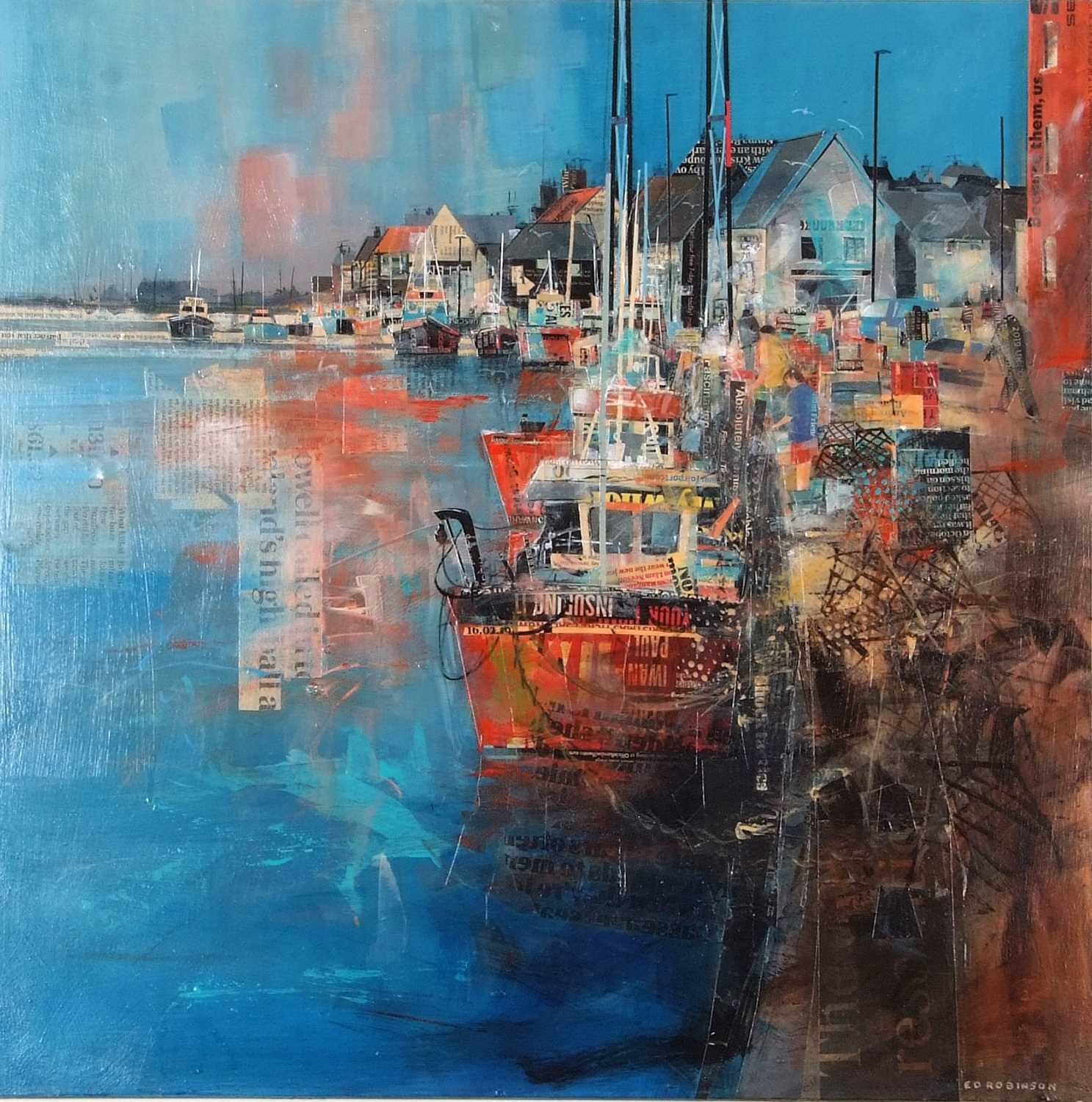 Ed Robinson (British, contemporary), "Wells Harbour, North Norfolk", mixed media collage, signed, - Image 2 of 2