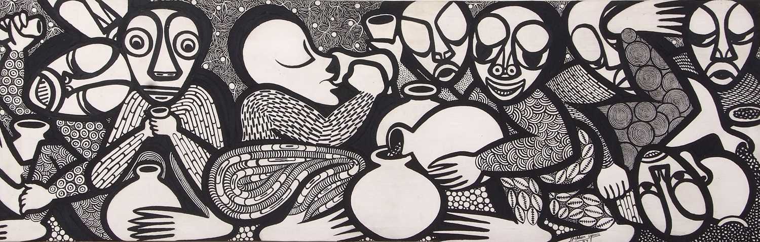 Stephen Ugoaru (20th century) Abstract/ aboriginal figures, monochrome oil on canvas, signed, dated, - Bild 2 aus 2