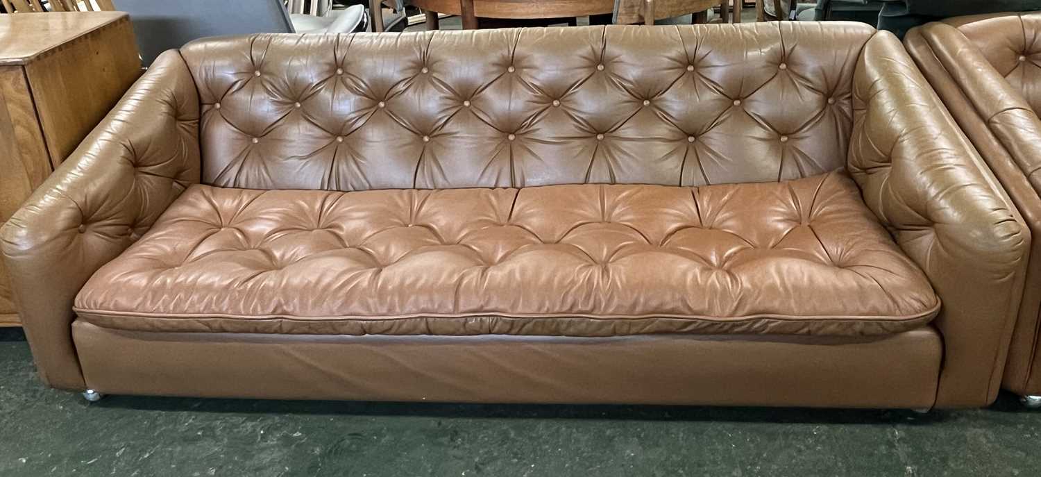 A mid Century brown leather three seater sofa and accompanying armchair, both 195cm wide (2) - Image 2 of 3