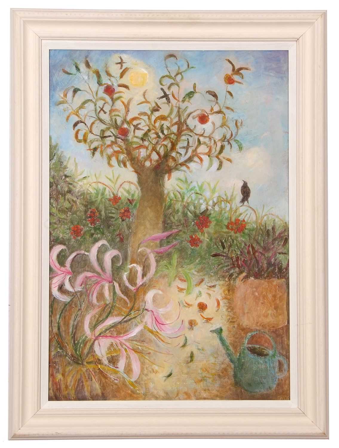 Tessa Newcomb (b.1955), Sunlit floral garden with an apple tree and birds, oil on board, signed