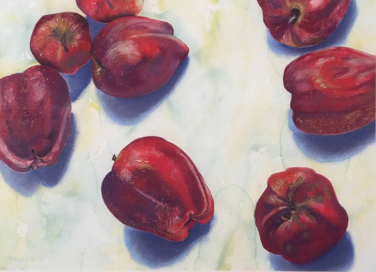 Tracy Myers (British, contemporary), 'Red Apples', pastel and watercolour, signed and dated Oct '02, - Bild 2 aus 2