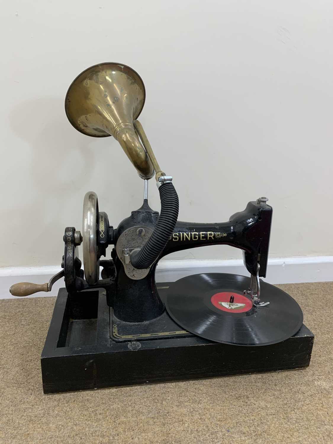 David Chedgey (British, b.1940), Record player Singer sewing machine, kinetic sculpure, 43x51cm