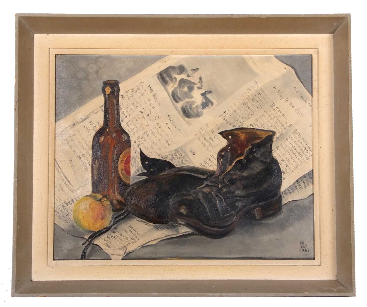 In the manner of Marion Lewin (1922-1979), Still life: leather boots, newspaper, beer bottle and