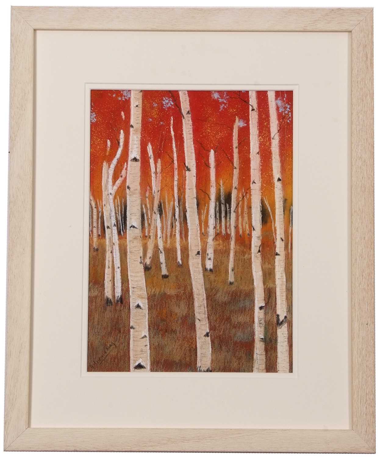 Adrienne May (British, contemporary) 'Autumn Birch Forest Ornskoldsvik', pastel, signed, framed,