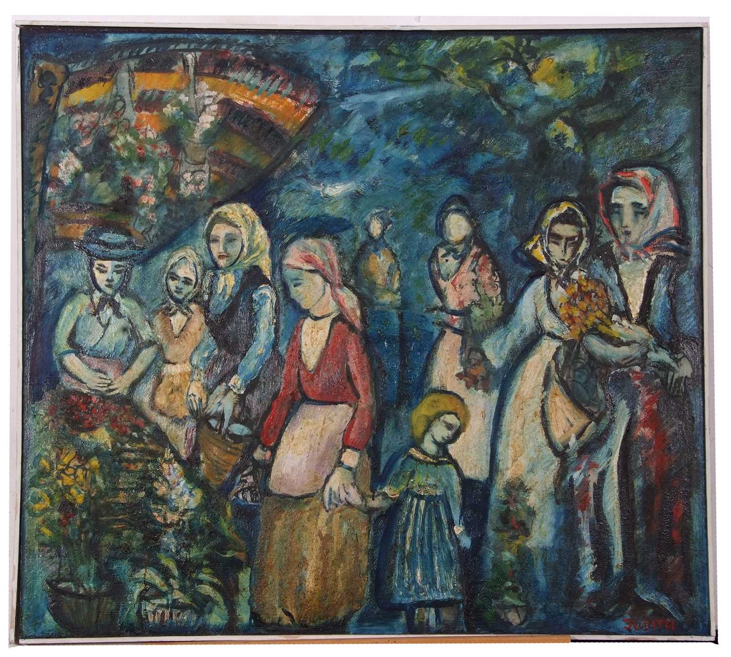 Judith Schneider (German, 20th century), 'Market Women', oil on board, signed, 80x90cm, framed.