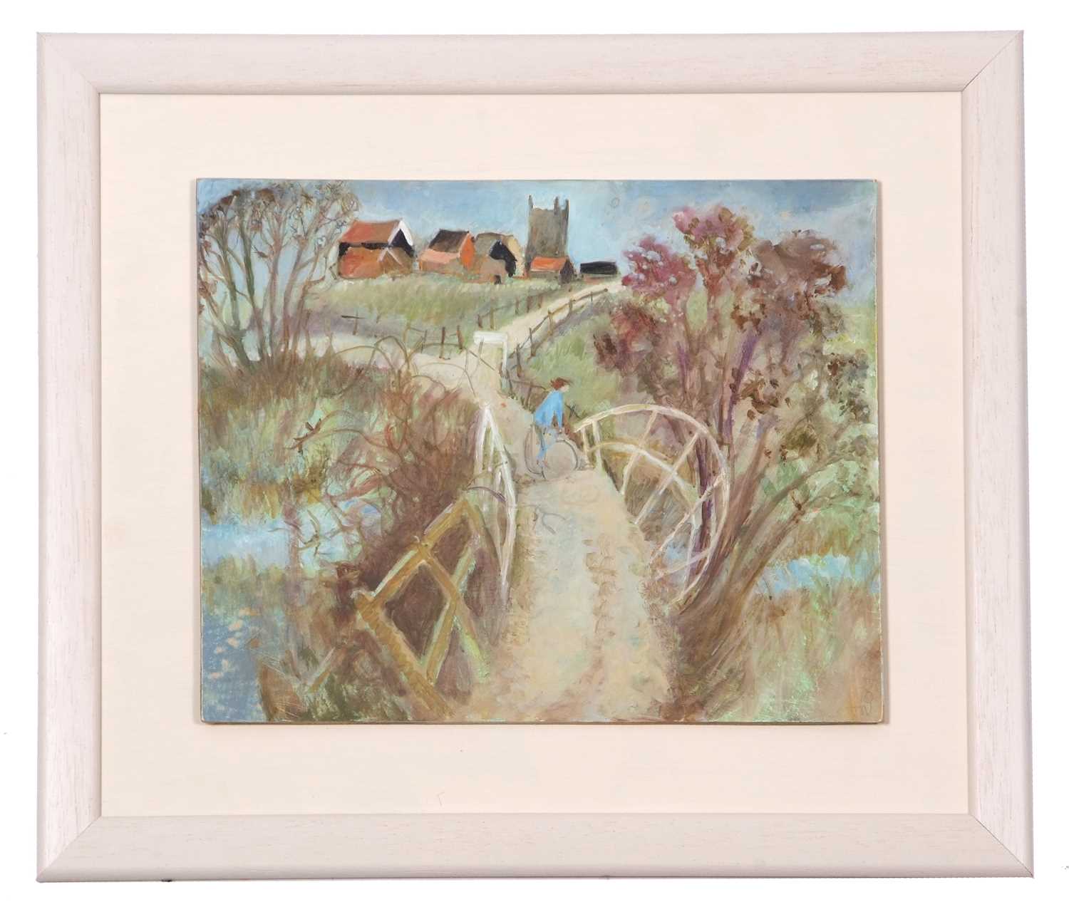 Tessa Newcomb (b.1955) 'Riding over the bridge', signed and dated 2010, 20x25.5cm, framed.