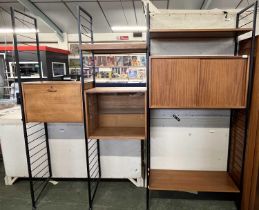 A Ladderax teak and iron framed room divider or shelf unit incorporating bureau section, a glazed