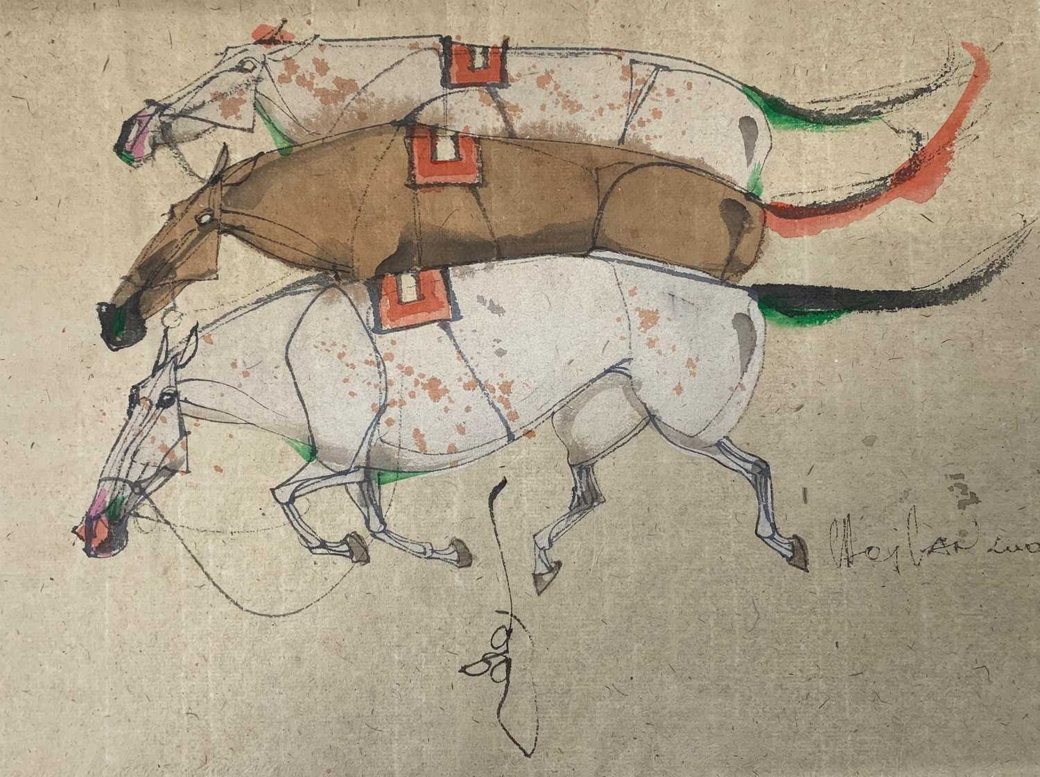 Attributed to Chei Zan Gaos, trio of abstract horses in motion, watercolour on rice paper,