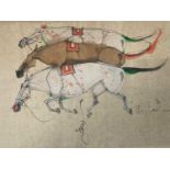 Attributed to Chei Zan Gaos, trio of abstract horses in motion, watercolour on rice paper,