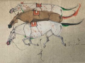 Attributed to Chei Zan Gaos, trio of abstract horses in motion, watercolour on rice paper,