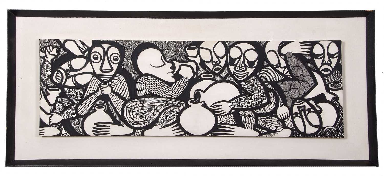 Stephen Ugoaru (20th century) Abstract/ aboriginal figures, monochrome oil on canvas, signed, dated,